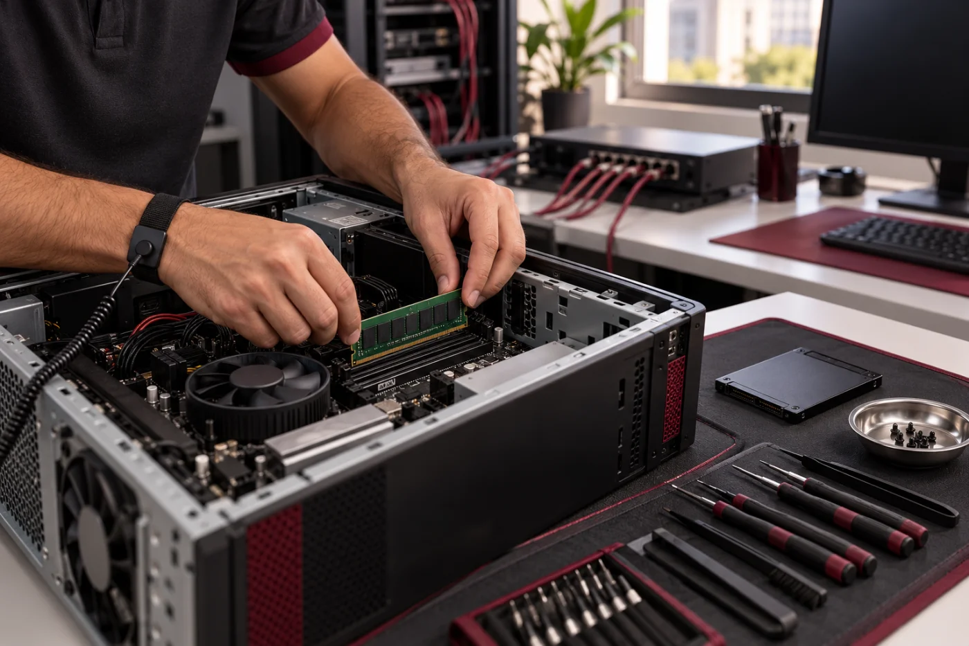 Imagem ilustrativa de manutenção de computador, com memória, SSD e equipamentos de rede